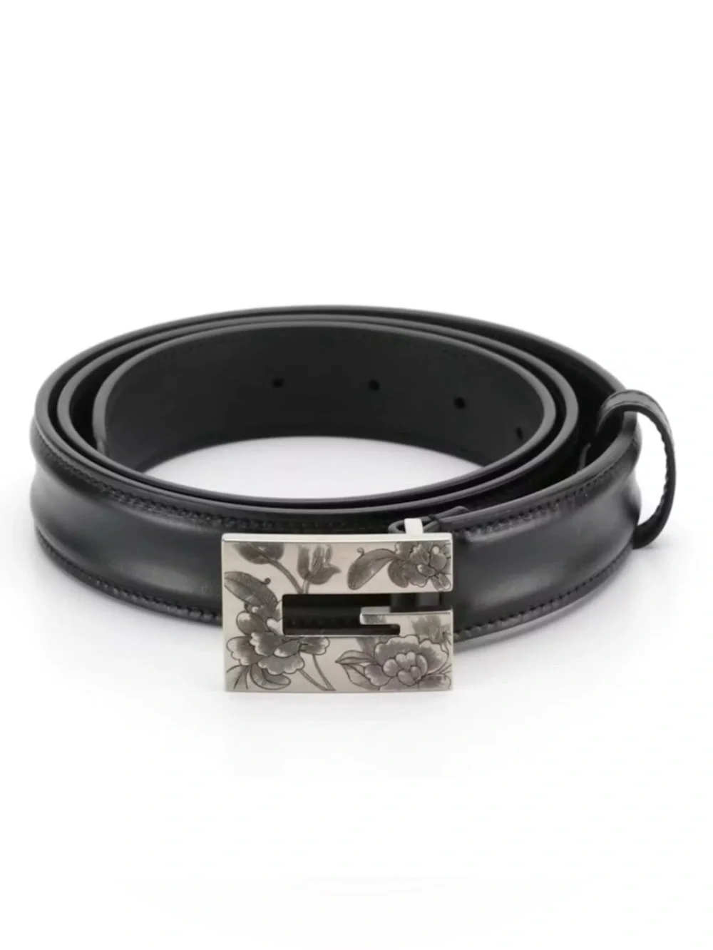 Gucci Black Leather Belt with Floral Silver Buckle